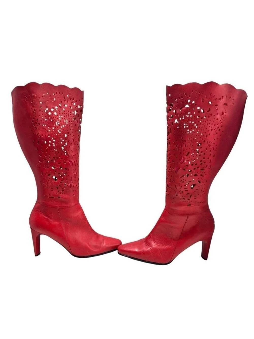 Bellini Boho Red Laser-Cut Scalloped Leather Knee High Boots Womens Sz 8.5M